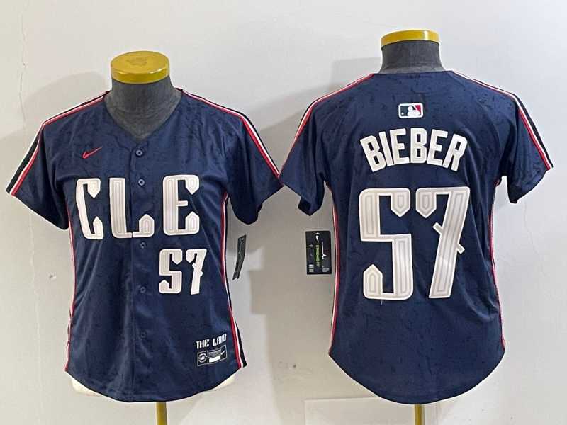Womens Cleveland Guardians #57 Shane Bieber Number Navy 2024 City Connect Limited Stitched Jersey